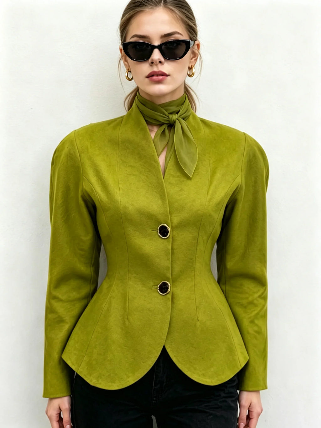 בלייזר פפלום ירוק זית עם כפתורים